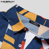 INCERUN Men Beach Shirt Geometric Print Short Sleeve Lapel Neck Button Leisure Hawaiian Shirts