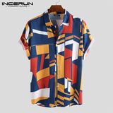 INCERUN Men Beach Shirt Geometric Print Short Sleeve Lapel Neck Button Leisure Hawaiian Shirts