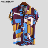 INCERUN Men Beach Shirt Geometric Print Short Sleeve Lapel Neck Button Leisure Hawaiian Shirts