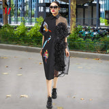 Summer Black Midi Mesh & Chiffon Ruffle Bird Embroidery Ladies Dress