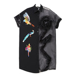 Summer Black Midi Mesh & Chiffon Ruffle Bird Embroidery Ladies Dress