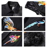 Summer Black Midi Mesh & Chiffon Ruffle Bird Embroidery Ladies Dress