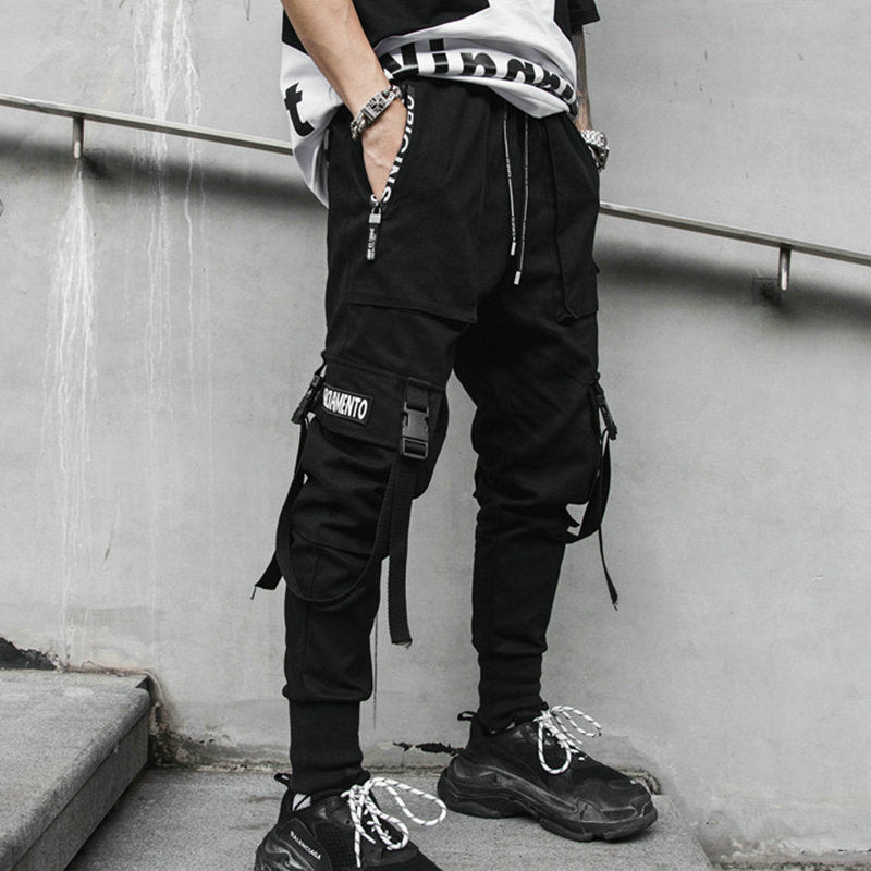 Hip Hop Boys Black Cargo Pants Multi-pocket Elastic Waist Harem