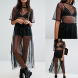 Summer Volie See Through Black Gauze Mesh Half Sleeve Lace Sundress