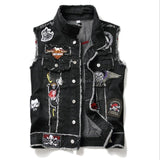 Mens Punk Denim Vests Skull Embroidery Waistcoat Slim Fit Jeans Sleeveless Jacket
