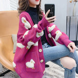 Autumn Cardigan Loose Knit Sweater Cute Cartoon Print V Neck Women Jacket