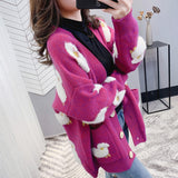 Autumn Cardigan Loose Knit Sweater Cute Cartoon Print V Neck Women Jacket