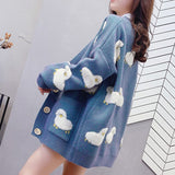 Autumn Cardigan Loose Knit Sweater Cute Cartoon Print V Neck Women Jacket