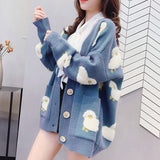Autumn Cardigan Loose Knit Sweater Cute Cartoon Print V Neck Women Jacket