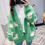 Autumn Cardigan Loose Knit Sweater Cute Cartoon Print V Neck Women Jacket