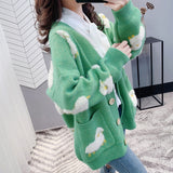 Autumn Cardigan Loose Knit Sweater Cute Cartoon Print V Neck Women Jacket