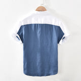 Men High Quality 100% Linen Fabric Gradient Patchwork Short Sleeve Casual Slim Shirt
