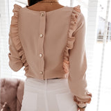 Women Ruffles Buttons OL Blouse O-Neck Long Sleeve Solid Tops