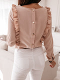 Women Ruffles Buttons OL Blouse O-Neck Long Sleeve Solid Tops