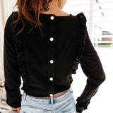 Women Ruffles Buttons OL Blouse O-Neck Long Sleeve Solid Tops