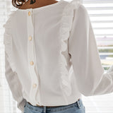 Women Ruffles Buttons OL Blouse O-Neck Long Sleeve Solid Tops
