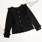 Women Ruffles Buttons OL Blouse O-Neck Long Sleeve Solid Tops