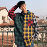 LAPPSTER Men Cotton Plaid Shirt Man Hip Hop Patchwork Button Up Long Sleeve
