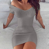 Striped V Neck Slim Knit Soft Off the Shoulder Long Sleeve