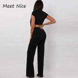 2 Two Piece Women Ribbed O Neck Crop Top and Long Pants Set Tracksuit