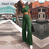 2 Two Piece Women Ribbed O Neck Crop Top and Long Pants Set Tracksuit