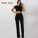 2 Two Piece Women Ribbed O Neck Crop Top and Long Pants Set Tracksuit