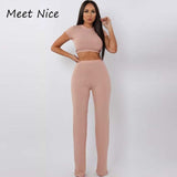 2 Two Piece Women Ribbed O Neck Crop Top and Long Pants Set Tracksuit