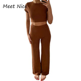 2 Two Piece Women Ribbed O Neck Crop Top and Long Pants Set Tracksuit