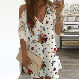 Sexy Off Shoulder V Neck Dress Floral Print Lace Beach Dresses
