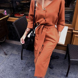 Sexy v Neck Long Sleeve Sashes Button Casual Dress
