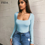 FSDA Long Sleeve Knitted Skinny Bodysuit Solid Square Collar