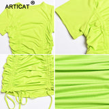 Articat Ruched Pleated Drawstring Short Sleeve Party Dress