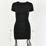 Articat Ruched Pleated Drawstring Short Sleeve Party Dress
