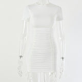 Articat Ruched Pleated Drawstring Short Sleeve Party Dress