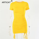 Articat Ruched Pleated Drawstring Short Sleeve Party Dress