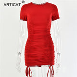 Articat Ruched Pleated Drawstring Short Sleeve Party Dress