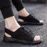Mens Beach Flat Sandals Peep Toe Black Shoes Walking Sandalias Hombre Verano