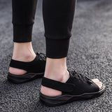 Mens Beach Flat Sandals Peep Toe Black Shoes Walking Sandalias Hombre Verano