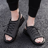 Mens Beach Flat Sandals Peep Toe Black Shoes Walking Sandalias Hombre Verano