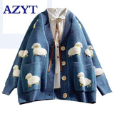 Autumn Cardigan Loose Knit Sweater Cute Cartoon Print V Neck Women Jacket