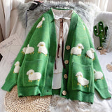 Autumn Cardigan Loose Knit Sweater Cute Cartoon Print V Neck Women Jacket