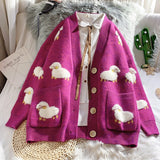Autumn Cardigan Loose Knit Sweater Cute Cartoon Print V Neck Women Jacket