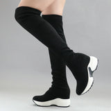 QUTAA Stretch Fabrics Over The Knee Boots Height Increasing Round Toe