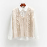 Women Solid Short Loose Sleeveless Knitted V-Neck Vest
