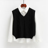Women Solid Short Loose Sleeveless Knitted V-Neck Vest