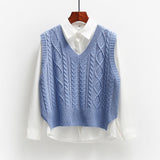 Women Solid Short Loose Sleeveless Knitted V-Neck Vest