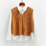 Women Solid Short Loose Sleeveless Knitted V-Neck Vest