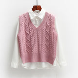 Women Solid Short Loose Sleeveless Knitted V-Neck Vest