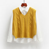 Women Solid Short Loose Sleeveless Knitted V-Neck Vest