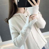 Winter Women Hooded Loose Solid Button Knitwear Pullover